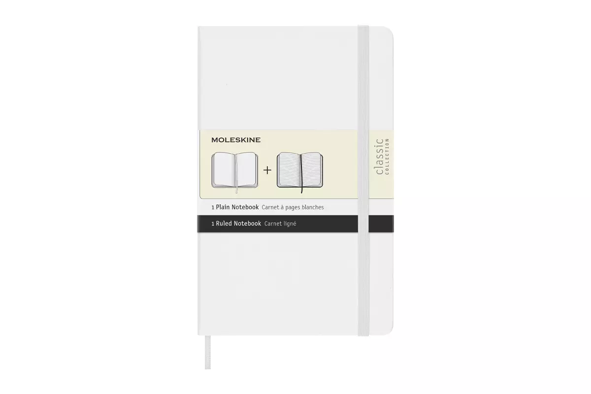 Een Moleskine Ruled/Plain Hardcover Notebook Large Black/White (set of 2) koop je bij Moleskine.nl